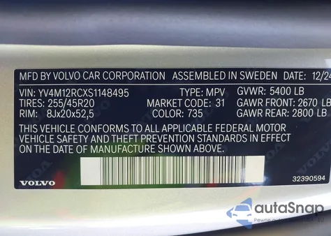 2025 Volvo Xc60 B5 Plus из США, поврежденный, VIN YV4M12RCXS1148495